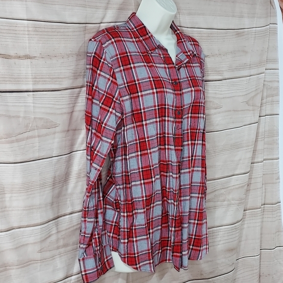 JCrew flannel shirt boy fit button up long sleeve red gray black plaid L - Picture 2 of 6
